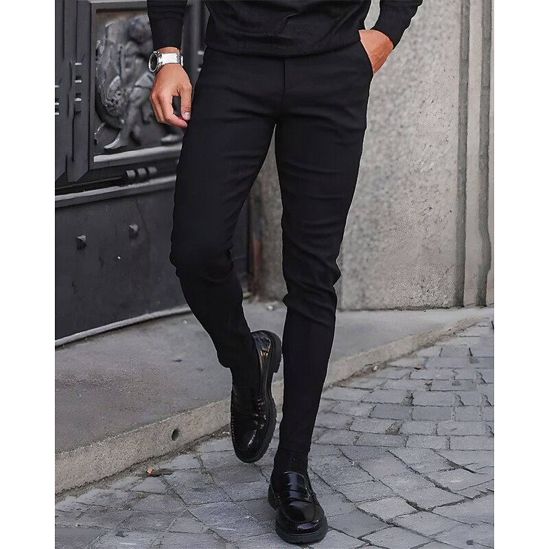 Men's Graduation Dress Pants Tapered pants Trousers Chinos Buttons Pocket Plain Comfort Formal Work Business Fashion Classic Style Black Dark Blue Micro-elastic3