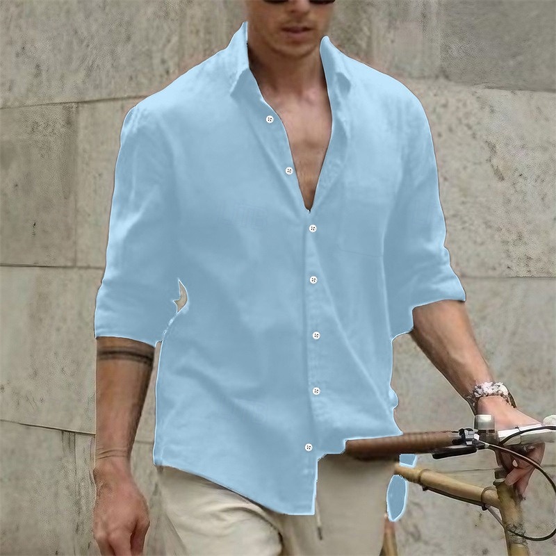 Men's Shirt Linen Shirt Summer Shirt Beach Wear Casual Shirt Button Up Shirt Plain Casual Daily White Brown Light Blue Long Sleeve Lapel Spring & Summer Clothing Apparel3