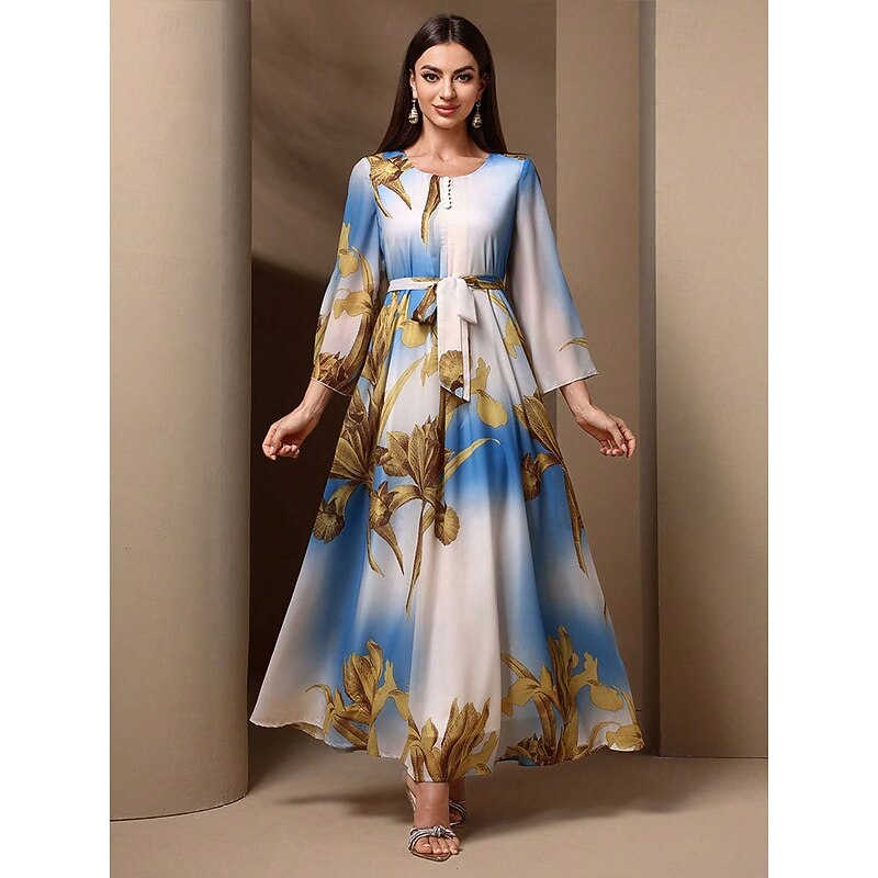 Women's Long Dress Maxi Dress Vintage Dress Cocktail Dress Wedding Guest Dress Chiffon Dress Boho Daily Holiday Loose Fit Graphic Long Sleeve Crew Neck Blue Spring Fall