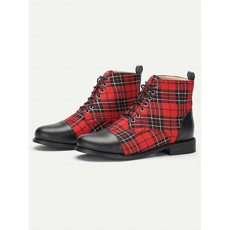 Women's Tartan Plaid Combat Boots with Black Leather Toe Cap - Stylish Lace-Up Ankle Boots for Casual Wear and Festive Occasions2