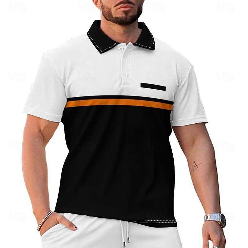 Business Casual Men's Polo Shirt Golf Polo Short Sleeve Holiday Daily Wear Spring & Summer 3D Print Collar Black-white Micro-elastic 95% Polyester 5% Spandex2