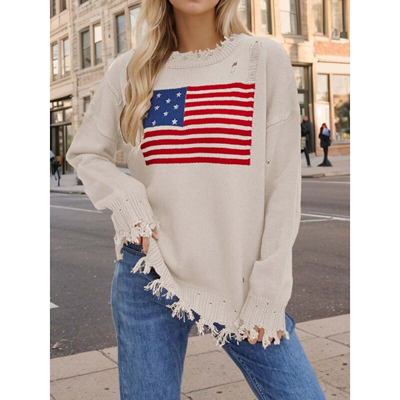 Women's Sweater Stylish Casual Solid Color Crew Neck Print Drop Shoulder Long Sleeve Long Tops Knit Daily Going out Navy Blue Beige Fall Winter