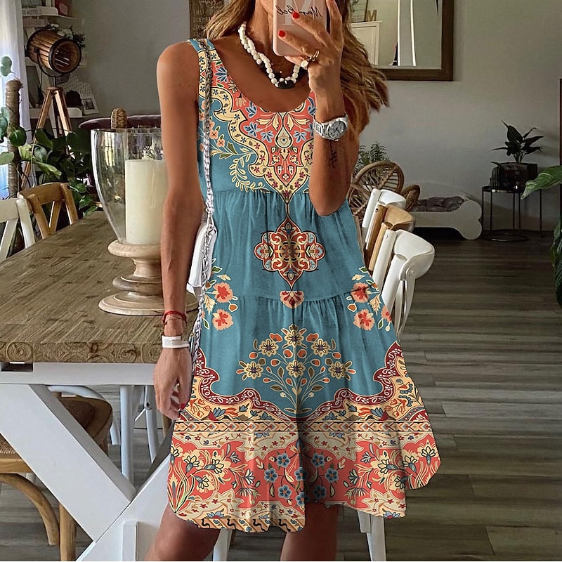 Women's Mini Dress Petite Dress Sundress Shift Dress Tank Dress Active Tropical Fashion Outdoor Vacation Going out Regular Fit Floral Sleeveless U Neck Pink Blue Orange Summer Spring