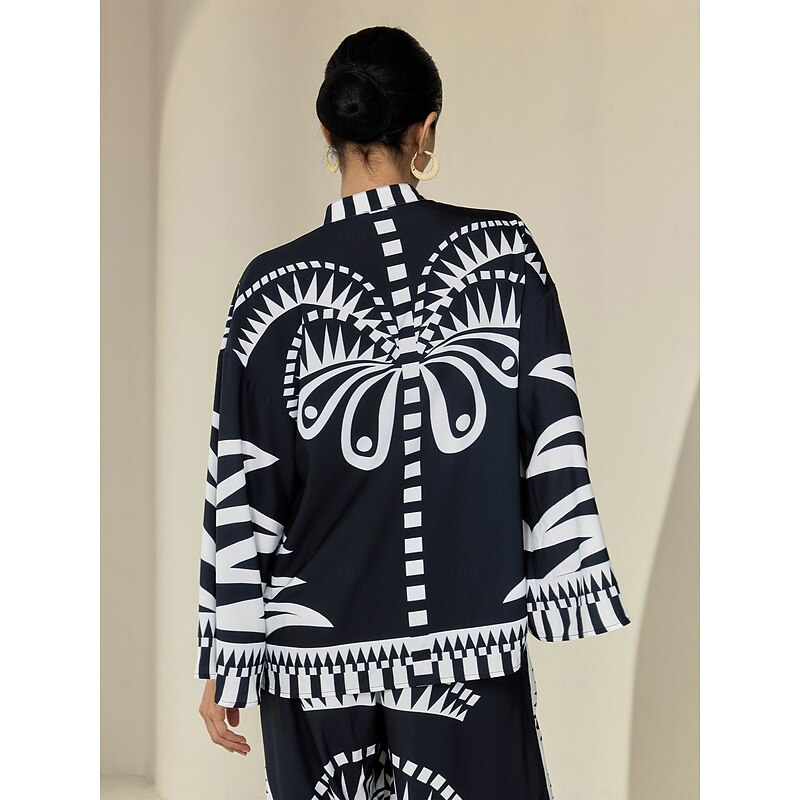 Women's Blouse Black High Neck Satin Geometric Flare Cuff Sleeve Casual Daily Vacation Spring Fall4