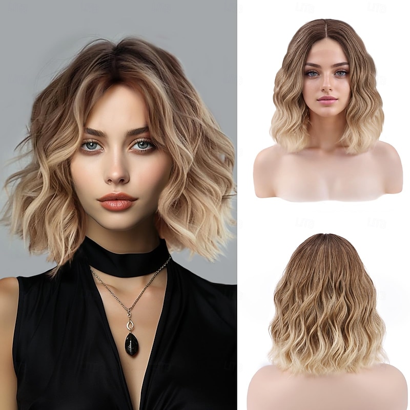 Short  Wigs Wavy Curly Bob Wig Shoulder Length Middle Part Wigs Natural Looking Synthetic Blonde Hair Wigs for Women Daily Party Use2
