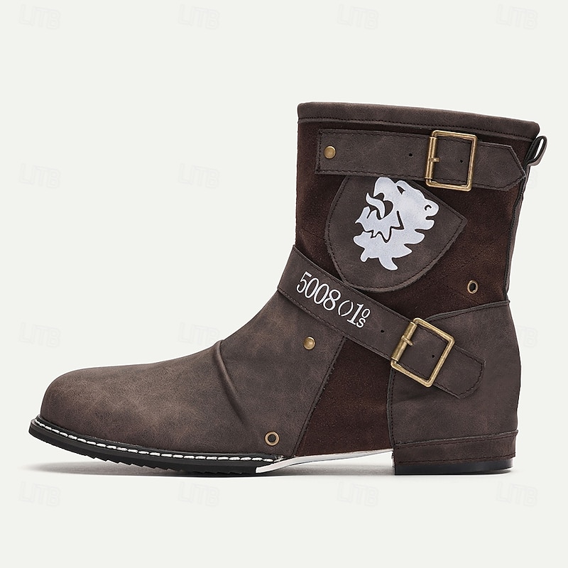Men's Steampunk Motorcycle Boots with Double Buckle Straps and Embossed Lion Design - Brown Faux Leather Ankle Boots3