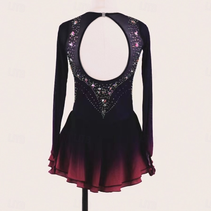 Figure Skating Dress Women's Girls' Ice Skating Dress Black Red Thumbhole Open Back Mesh Spandex Stretchy Training Practice Professional Skating Wear Thermal Warm Classic Crystal / Rhinestone Long3