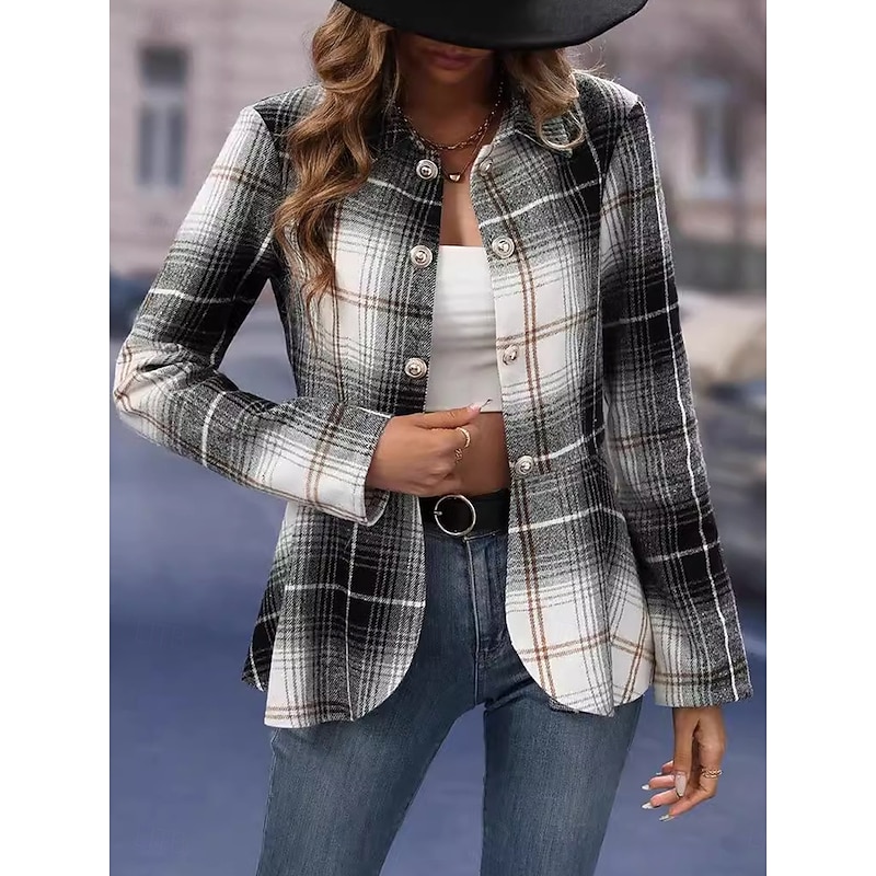 Women's Jacket Party Button Plaid Windproof Fashion Regular Fit Outerwear Long Sleeve Fall Black And White S4