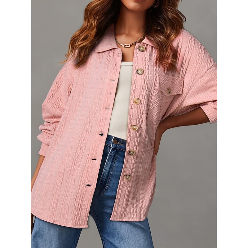 Women's Vacation Button Solid Color Breathable Fashion Loose Fit Outerwear Long Sleeve Spring Pink S3