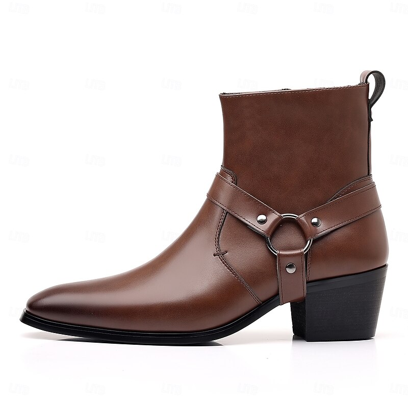 Men's Brown Faux Leather Motorcycle Ankle Boots with Strap and Metal Ring Detail - Stylish Western-Inspired Biker Boots3