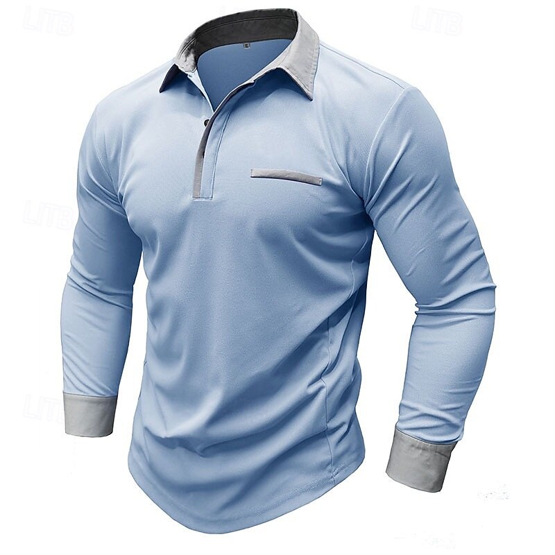 Men's Golf Shirt Golf Polo Work Casual Lapel Long Sleeve Basic Modern Color Block Patchwork Button Spring &  Fall Regular Fit Wine Black White Royal Blue Sky Blue Light Grey Golf Shirt
