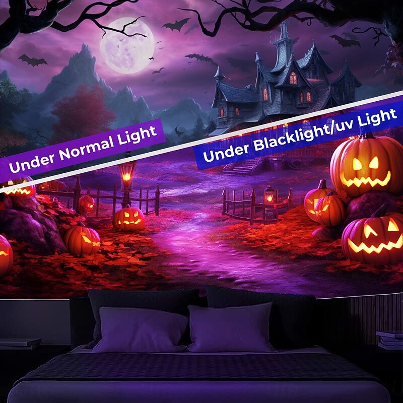 Halloween Decorations Blacklight Tapestry Glow Party Creepy Mansion Castle UV Reactive Glow in the Dark Psychedelic Trippy Misty Hanging Tapestry Wall Art Mural for Living Room Bedroom3