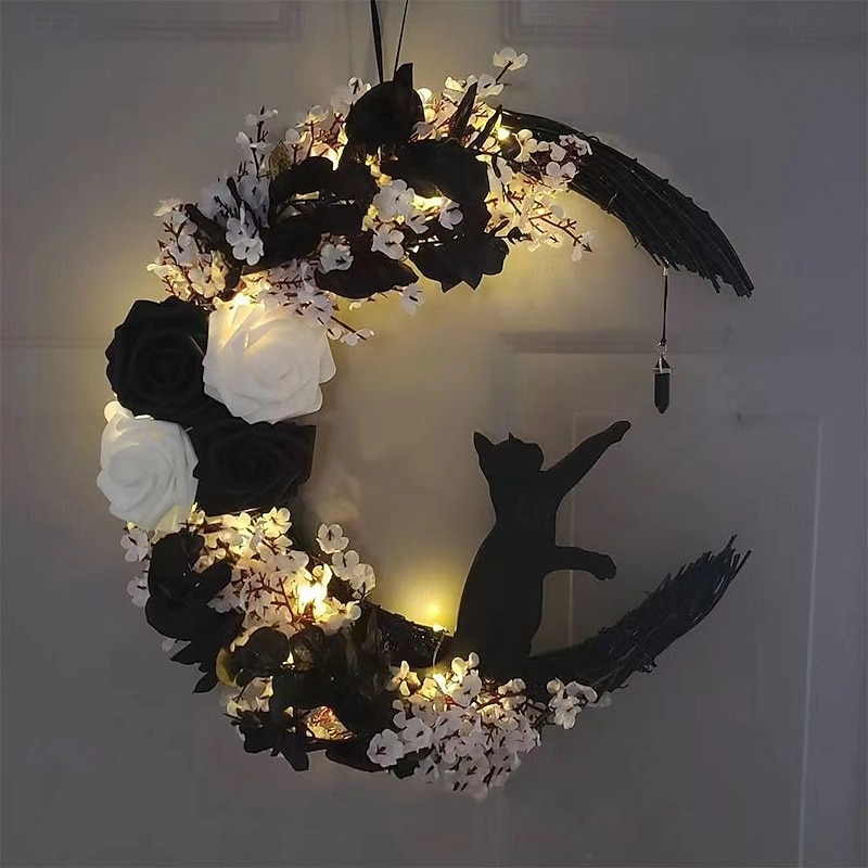Creative Cat Wreath LED Night Light - Halloween Moon Cat Hanging Decor for Home and Window Display, Perfect Gift for Cat Lovers2