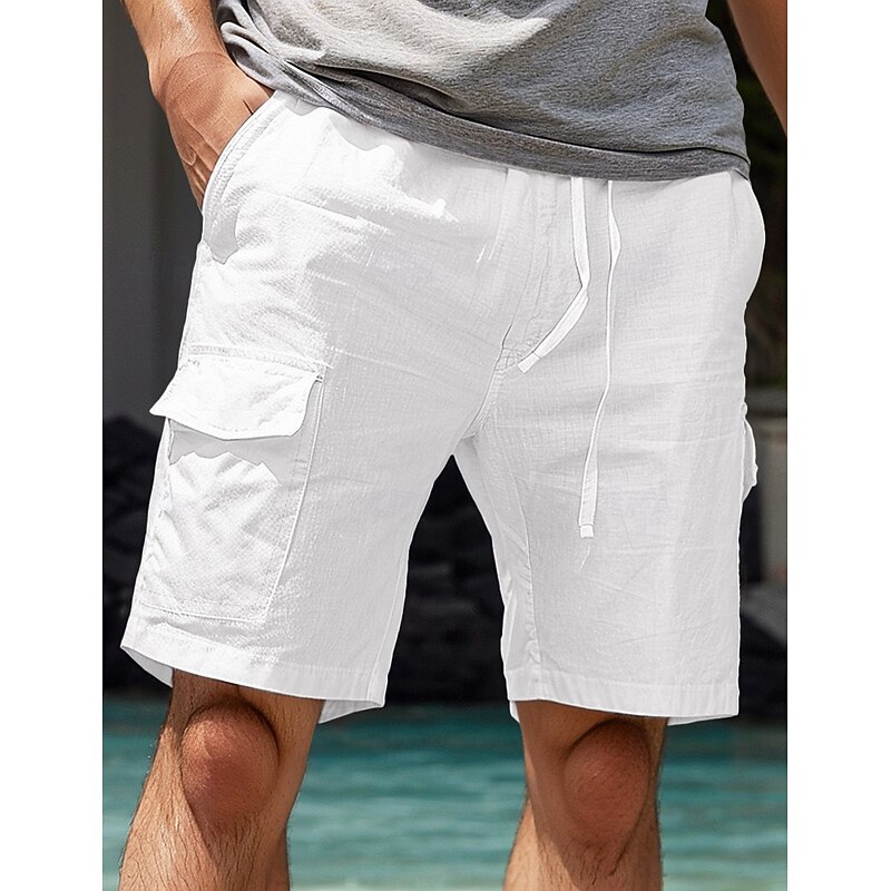 Men's Shorts Linen Shorts Summer Shorts Front Pocket Straight Leg Cargo Pocket Plain Comfort Breathable Knee Length Outdoor Vacation Party Fashion Basic White Navy Blue