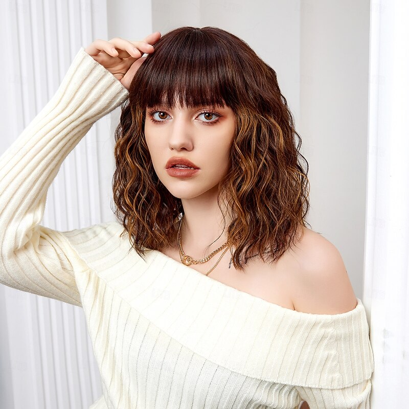 Cosplay Costume Wig Curly Bouncy Curl Bob Neat Bang With Bangs Wig 14 inch Black / Brown Synthetic Hair Women's Elastic Adorable Comfortable Black2