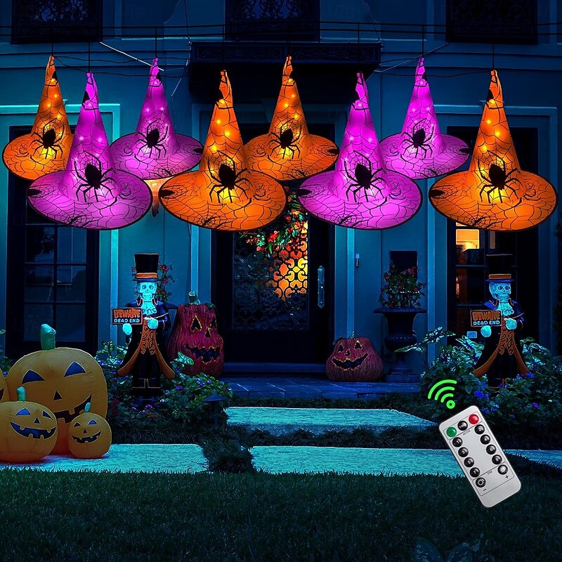 8pcs Halloween Glow Witch Hat Remote Control Outdoor Tree Hanging Lights 40LED Battery Powered Halloween Party Garden Yard Balcony Decoration