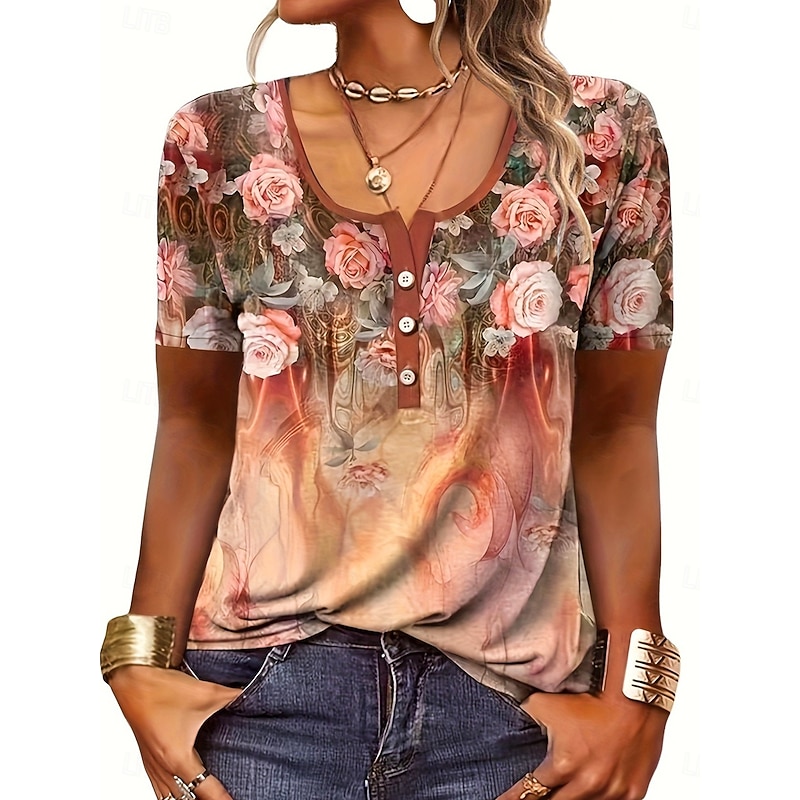 Women's T Shirt Casual Ombre Floral Buttons Short Sleeve Regular Tops U Neck Daily Rose Gold Khaki Summer