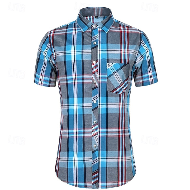Men's Shirt Dress Shirt Button Up Shirt Plaid Party Work Red Blue Orange Light Sky Blue Short Sleeve Lapel Summer Clothing Apparel Front Pocket2