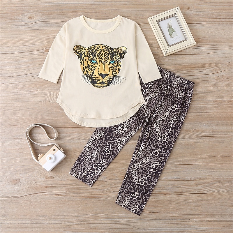 Girls' 3D Animal Leopard T-shirt & Pants T-shirt Set Long Sleeve Spring Fall Sports Fashion Daily Kids 4-12 Years Crew Neck Outdoor Vacation Sports Tailored Fit