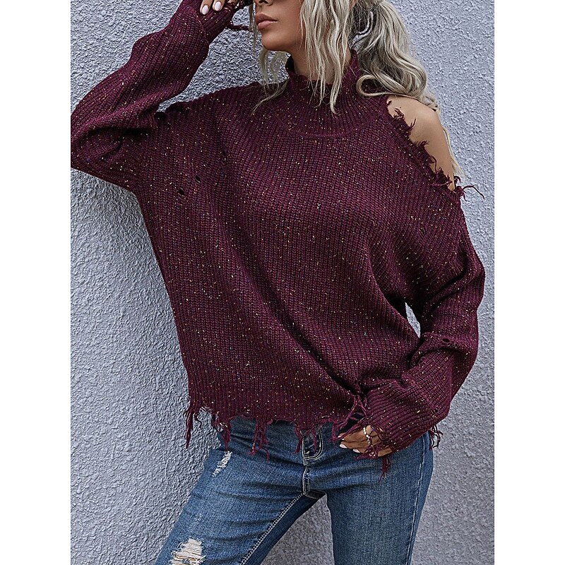 Women's Sweater Pullover Sweater Jumper Casual Sweater Casual Soft Solid Color Ribbed V Neck Knitted Long Sleeve Regular Tops Knit Outdoor Daily Weekend Wine Red Black Fall Winter