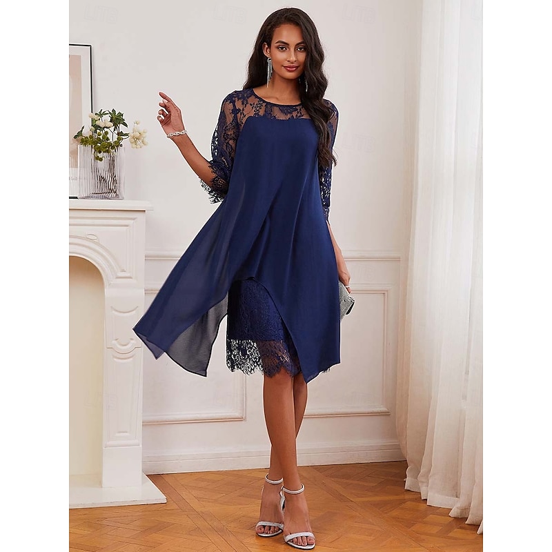 Women's Wedding Guest Dress Plain Dress Midi Dress Lace Chiffon Patchwork Casual Crew Neck 3/4 Length Sleeve Cocktail Dresses Formal Dresses Blue Color