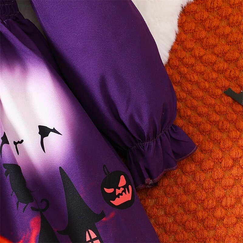 Halloween Girls' 3D Bat Castle Dress Long Sleeve Spring Fall Daily Holiday Vacation Casual Halloween Custome Little Kids(4-7ys) 4-7 Years Casual Dress A Line Dress Knee-length Polyester Regular Fit4