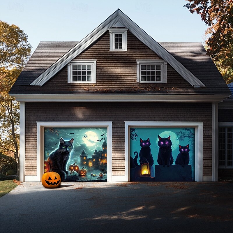 Halloween Door Decorations Outdoor Halloween Garage Door Cover Jack O Lantern Banner Pumpkin Skeleton Cat Large Backdrop Decoration for Holiday Outdoor Garage Door Home Wall Decorations 8