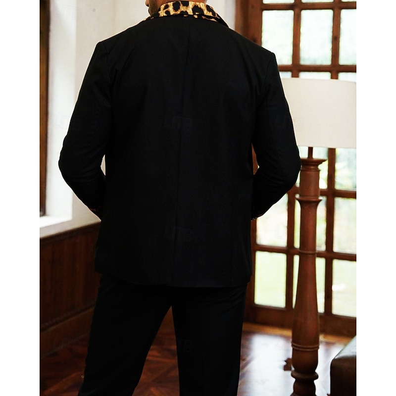 Men's Blazer Business Cocktail Party Wedding Party Fashion Casual Spring &  Fall 65% Cotton Leopard Pocket Buttons Comfortable Single Breasted Blazer Black2