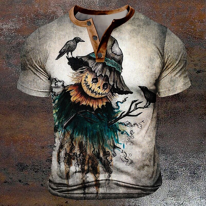 Halloween Men's Pumpkin Straw Reaper T Shirt Henley Shirt Short Sleeve T shirt 3D Print Henley Shirt Designer Retro Vintage Street Casual Daily Khaki Summer Spring Clothing Apparel S M L XL XXL XXXL