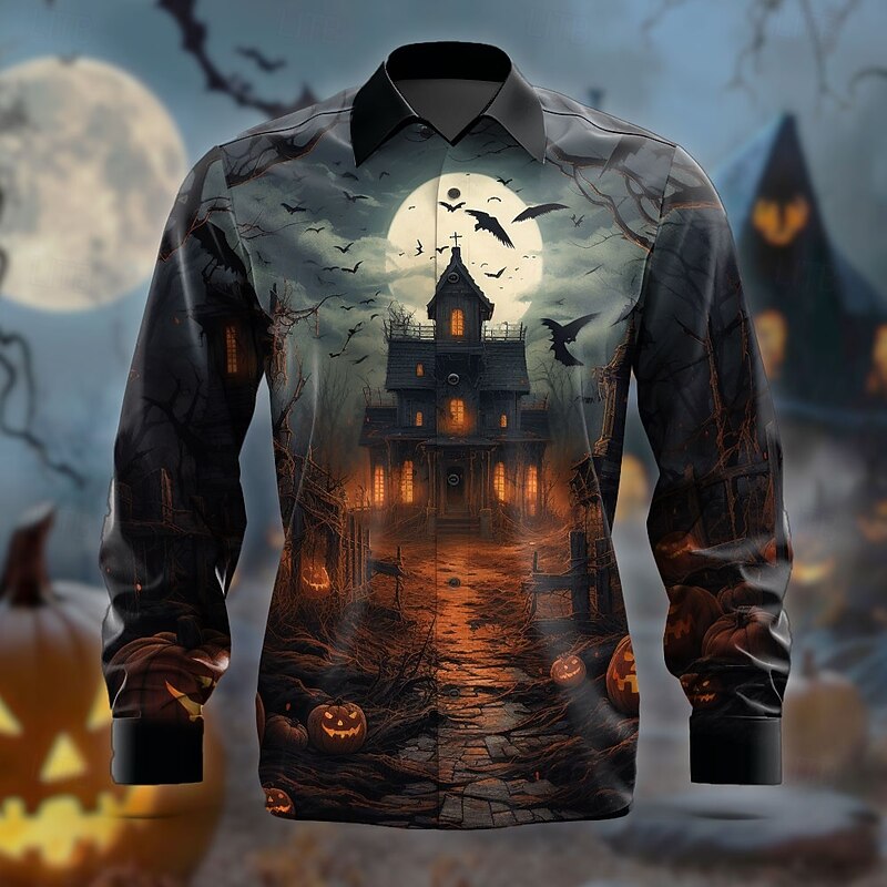 Halloween Men's Spooky Moon Halloween Costumes Button Up Shirt Long Sleeve Horror Party Evening Wear Fall Winter Spring & Summer Shirt Collar 3D Print Black