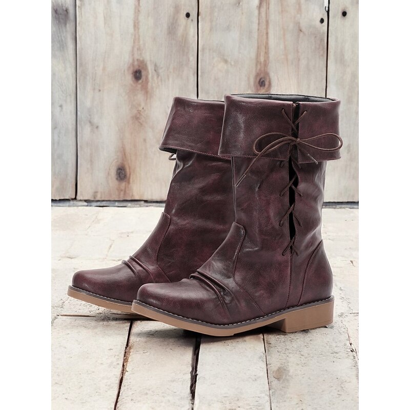 Women's Burgundy Convertible Mid-Calf Boots with Fold-Down Cuff and Lace-Up Detail - Versatile Vintage-Inspired Footwear for Casual and Fall Outfits2