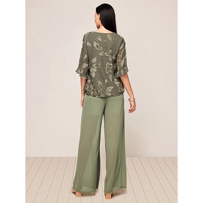Women's Elegant Blouse Wide Leg Pants Half Sleeve V Neck Floral Bow WorkWear Daily Wear Green Summer Loose Fit4