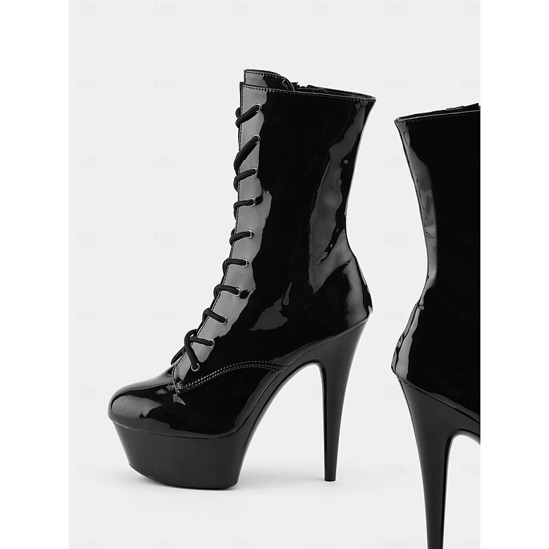 Women's Sexy Heels Black Patent Faux Leather Platform Stiletto Boots with Lace-Up Design and Side Zipper, Ideal for Night Out and Clubwear4