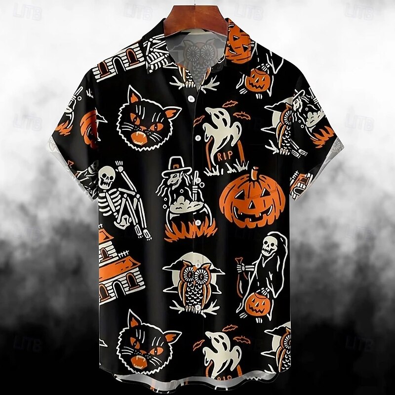 Halloween Skeleton Skull Pumpkin Hawaiian Shirts Aloha Shirt Print Shirt For Men's Adults' 3D Print Vacation Party Halloween2