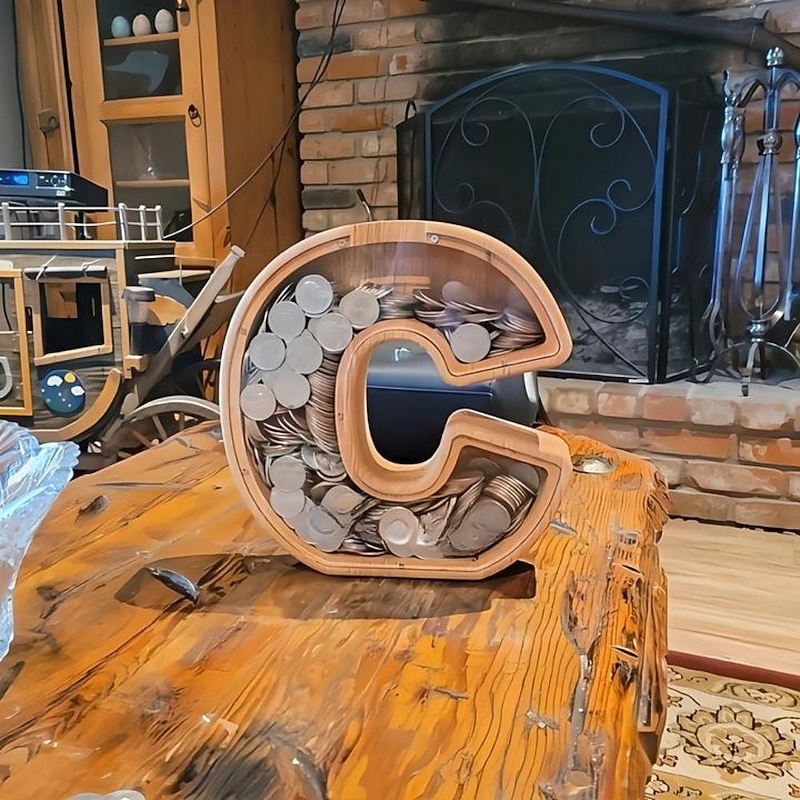 Wooden Letter Piggy Bank 26 Alphabets Wooden Coin Piggy Bank Christmas Birthday Toy Gift Home Decoration for Kids4