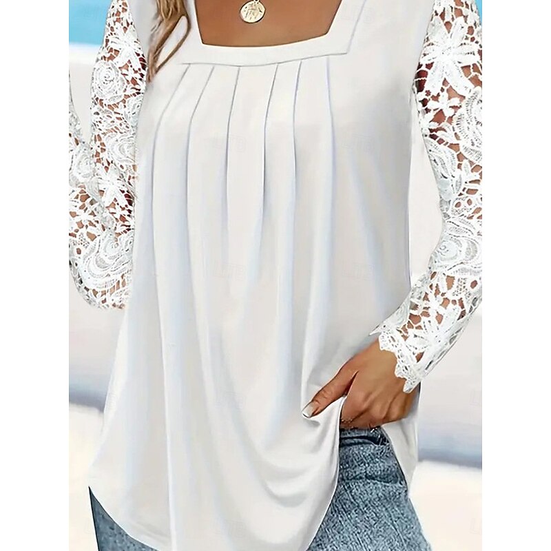 Women's White Elegant Lace Tops Eyelet Blouse Casual Solid Color Lace Long Sleeve Regular Tops Square Neck Daily Romantic Petite Tops Summer Holiday Wear White Pink Blue Spring Fall4