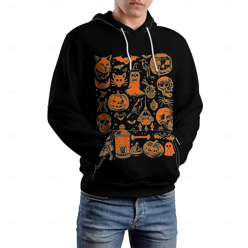 Halloween Men's Graphic Halloween pattern Hoodie Hoodies Sweatshirt Vacation Daily Long Sleeve Hooded Vacation Sports Outdoor Going out Black Printing Winter Spring &  Fall Designer4