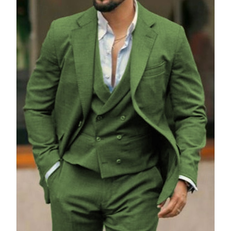 Men's Beach Wedding Linen Suits Notch Green Fashion Casual Solid Colored Tailored Fit 3 Piece Single Breasted Two-buttons3