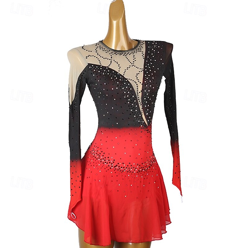 Figure Skating Dress Women's Girls' Ice Skating Dress Lake Blue Red Black Blue Patchwork Open Back Mesh Spandex High Elasticity Training Practice Professional Skating Wear Classic Crystal / Rhinestone2