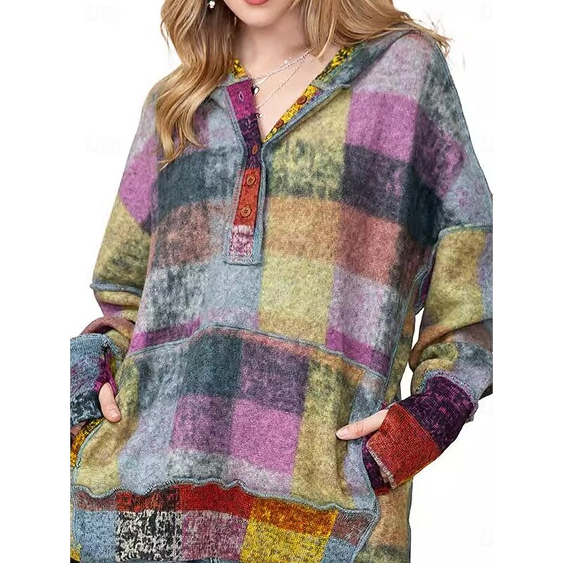 Women's Hoodie Sweatshirt Active Fashion Streetwear Plaid Street Dailywear Casual Hoodie Buttons Pocket Print Long Sleeve Green Fall Winter4