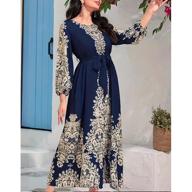Women's Maxi Dress Vintage Dress Casual Dress Boho Dress Bohemia Vintage Vacation Daily Date Loose Fit Graphic Long Sleeve Crew Neck Blue Spring Fall3