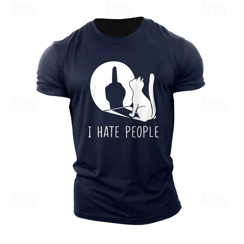 Men's Animal Cat Letter Printed Funny T Shirt Tee Top 100% Cotton Short Sleeve Graphic Shirt Black Dark Blue Comfortable Tee Street Sports Outdoor Fashion Designer Clothing