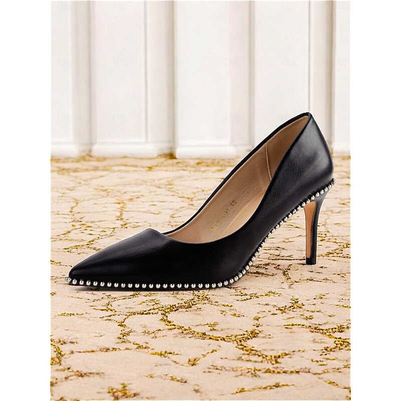 Women's Black Leather Stiletto Heels - Elegant Pointed-Toe Pumps with Pearl Trim for Weddings and Formal Occasions2