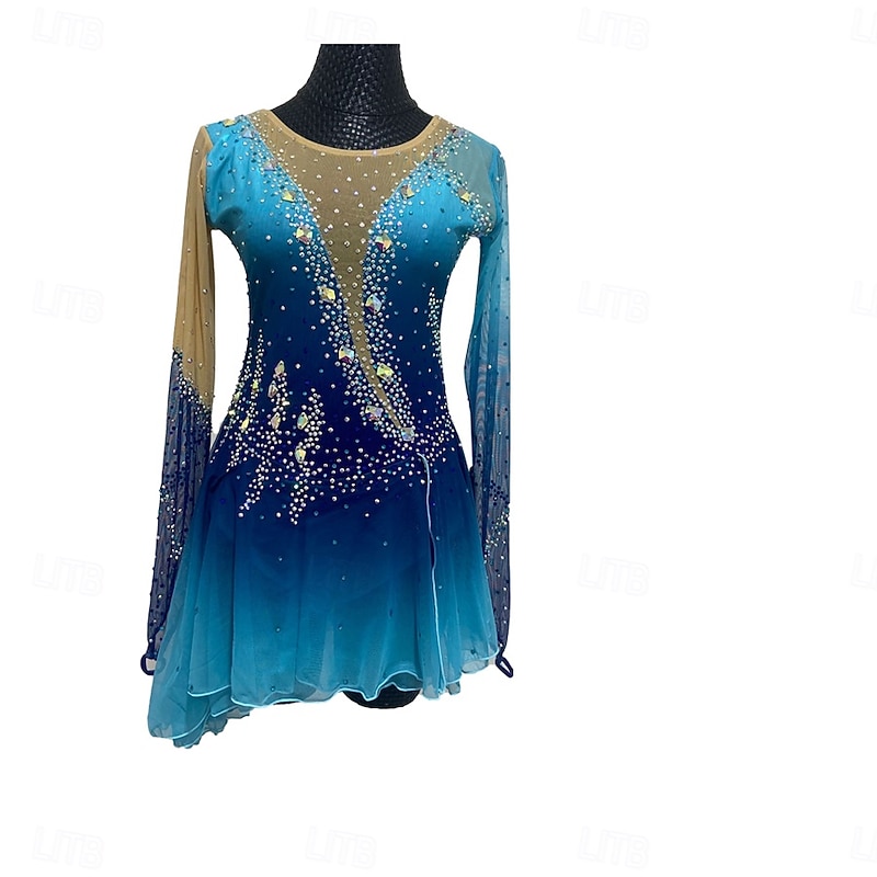 Figure Skating Dress Women's Girls' Ice Skating Dress Royal Blue Patchwork Thumbhole Stretchy Training Practice Professional Skating Wear Crystal / Rhinestone Long Sleeve Ice Skating Figure Skating2