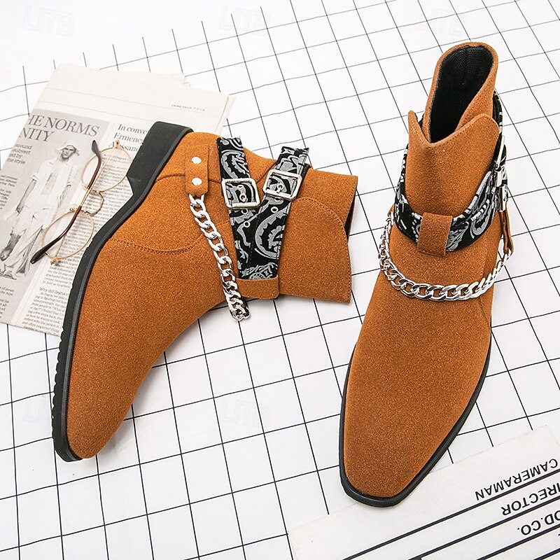 Men's Suede Ankle Boots with Skull Print Straps and Chain Detail - Stylish Western-Inspired Design for Casual and Festival Wear4
