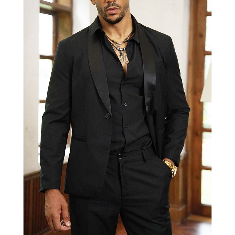 Men's Graduation Blazer Business Cocktail Party Wedding Party Fashion Casual Spring &  Fall 65% Cotton Plain Pocket Buttons Comfortable Single Breasted Blazer Black2