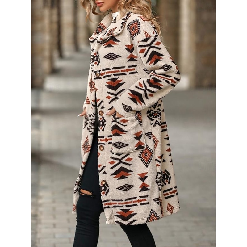 Women's Sherpa Jacket Street Daily Wear Fall Winter Regular Coat Regular Fit Warm Breathable Comtemporary Stylish Plush Jacket Long Sleeve Geometric with Pockets Apricot3