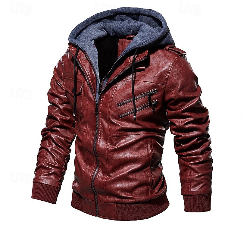 Men's Faux Leather Jacket Biker Jacket Red Leather Jacket Daily Vacation Windproof Warm Splice Fall & Winter Plain Fashion Classic Hooded Regular Faux Leather Black Wine Khaki Dark Gray Coffee Jacket4