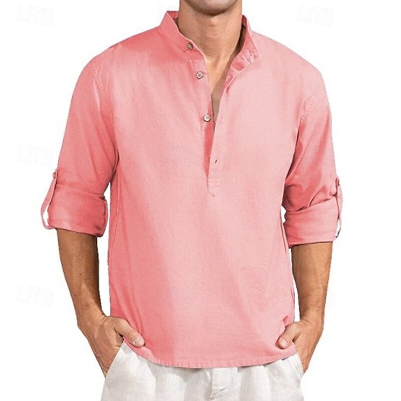 Men's Shirt Chinese Collar Shirt Mandarin Collar Shirt Popover Shirt Summer Shirt Casual Shirt White Pink Green khaki Light Blue Long Sleeve Plain Collar Vacation Hawaiian Clothing Apparel Fashion3