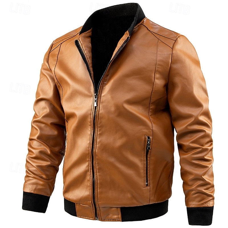 Men's Faux Leather Jacket Biker Jacket Patent Leather Jacket Daily Vacation Windproof Warm Pocket Fall & Winter Plain Fashion Classic Stand Collar Regular Faux Leather Black Yellow Dark Blue Jacket4